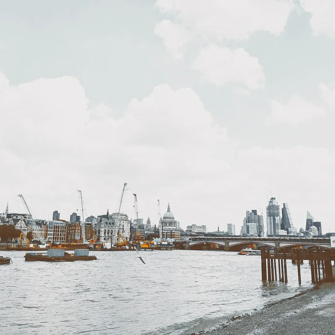 Wide view of the London skyline from the South Bank with St. Paul's Cathedral, cranes, and the City's towers under a pale cloudy sky
