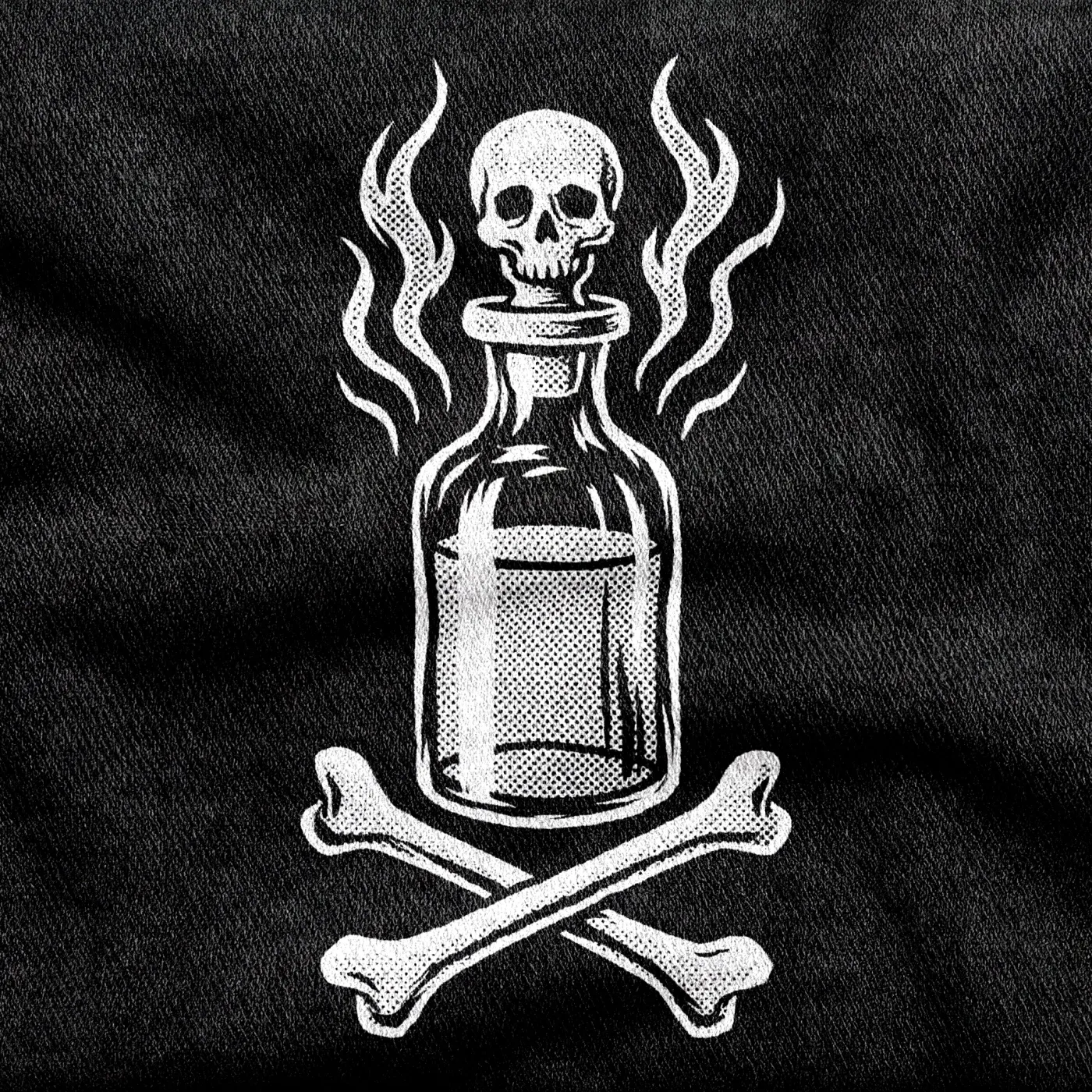 A vintage bottle stoppered with a skull cork, set on crossbones with vapour rising, white on a black tee.