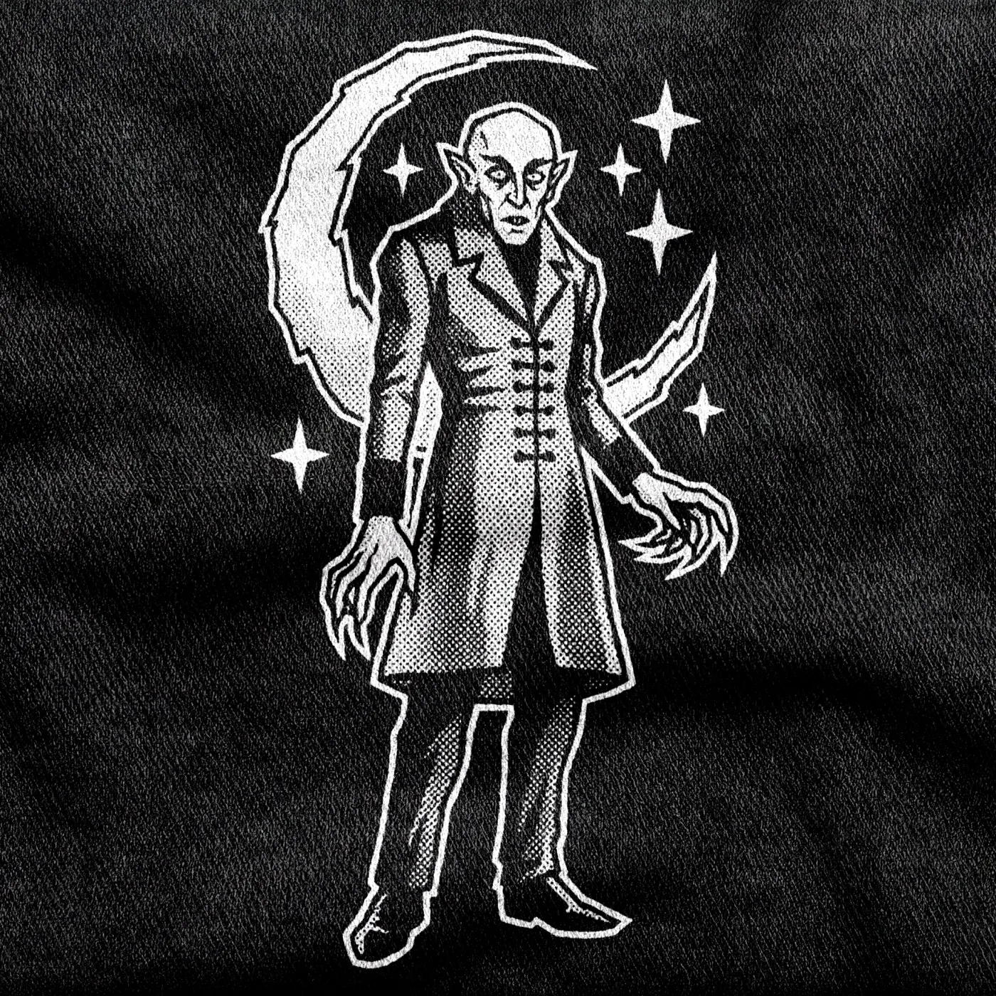 Count Orlok, the 1922 Nosferatu vampire, beneath a crescent moon, white on a black tee.