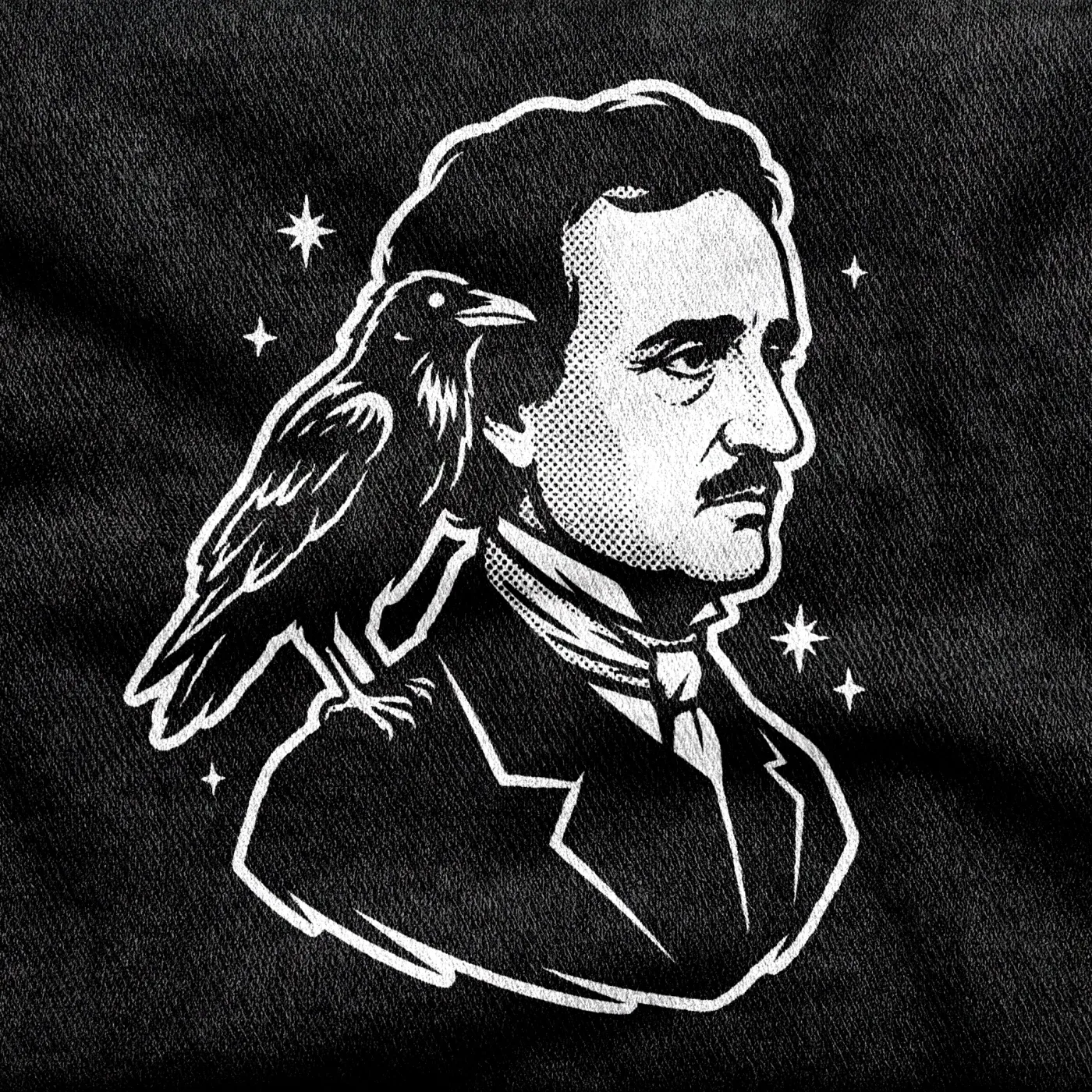 Edgar Allan Poe with a raven perched at his shoulder, white halftone on a black tee.