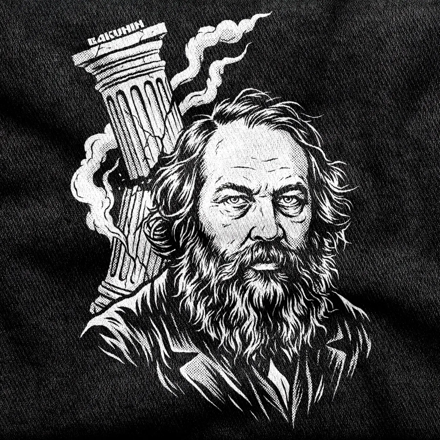 A portrait of the bearded Russian anarchist Mikhail Bakunin, white halftone on a black tee.
