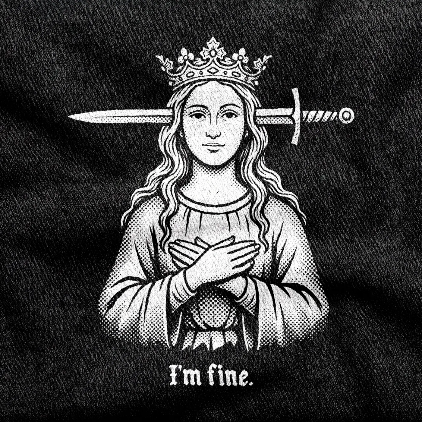 A serene crowned medieval woman with a longsword run clean through her head, hands folded, white on a black tee.