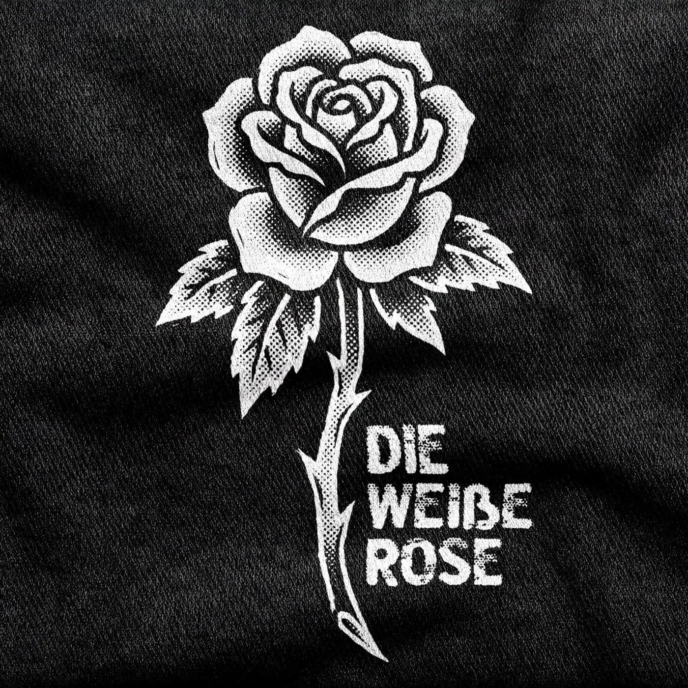 A single thorned white rose for the Die Weiße Rose resistance, white on a black tee.