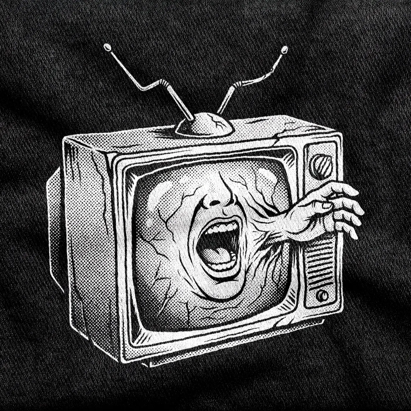 A screaming CRT television with a hand pushing through the screen, the Videodrome "Long Live the New Flesh" image, white on a black tee.
