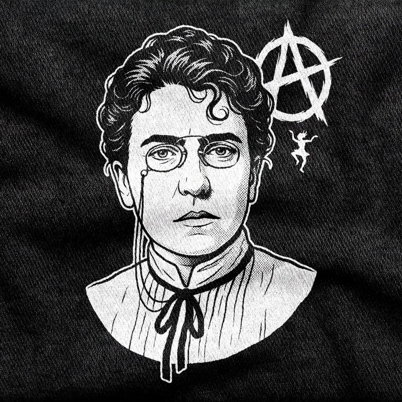 A portrait of the anarchist-feminist Emma Goldman, white halftone on a black tee.
