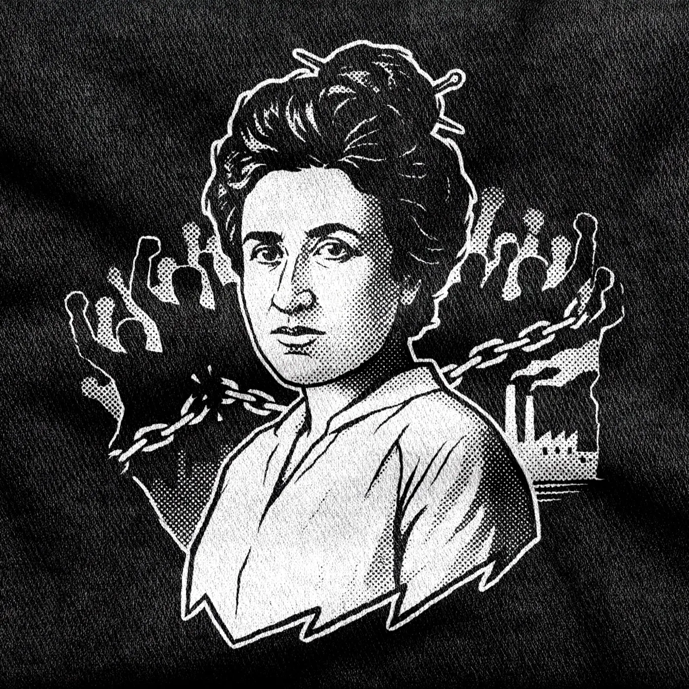 A portrait of the Spartacist revolutionary Rosa Luxemburg, white halftone on a black tee.
