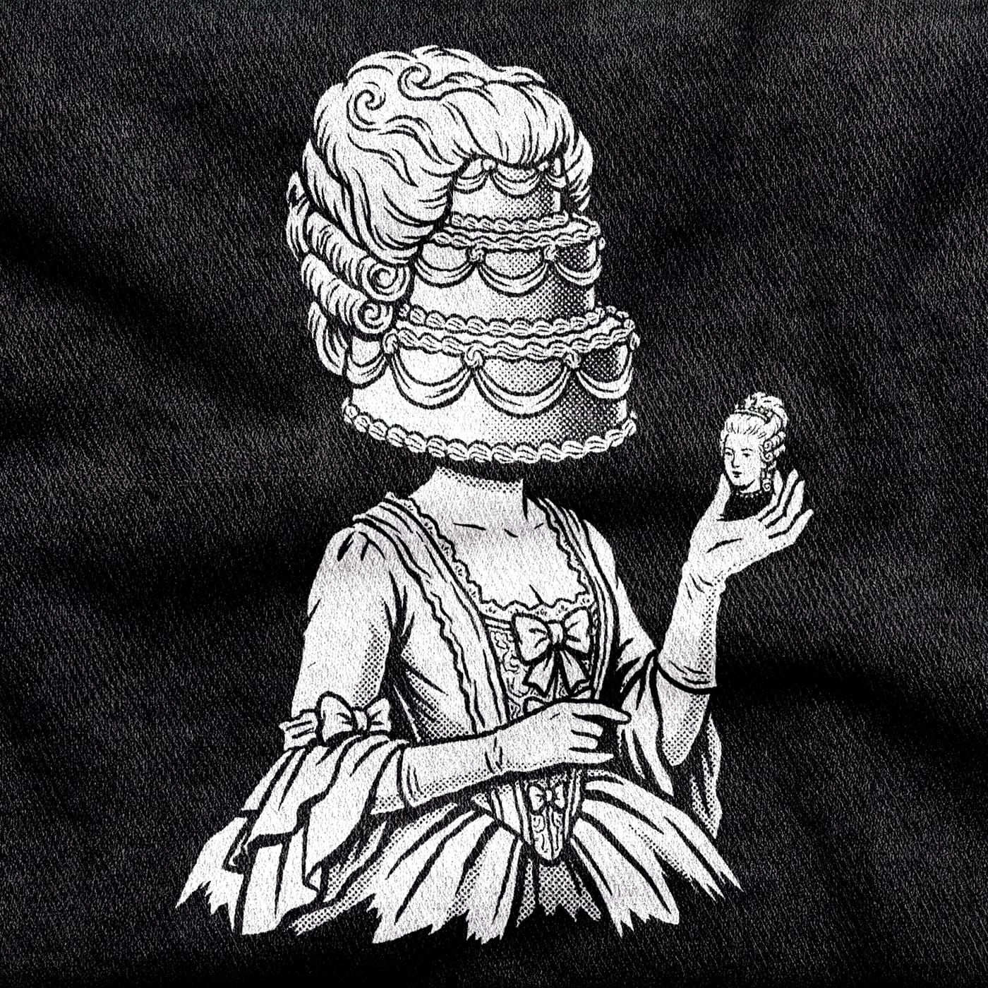 A rococo bust of Marie Antoinette crowned with a tiered cake, white on a black tee.