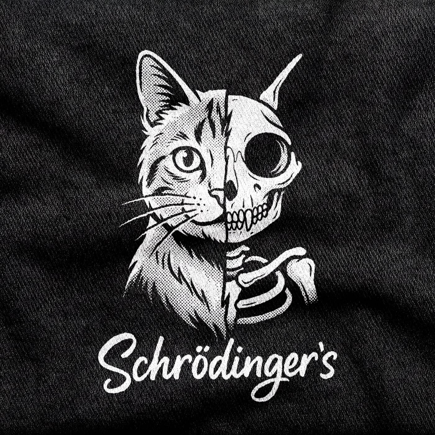Schrödinger's cat split down the middle, living fur on one side and bare skeleton on the other, white on a black tee.