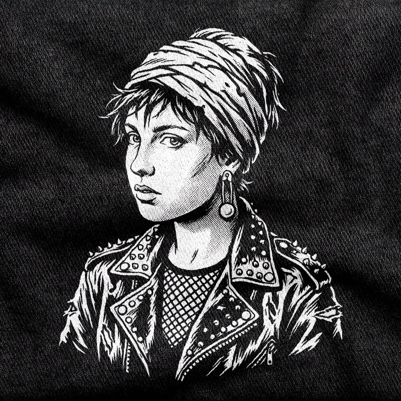 Vermeer's Girl with a Pearl Earring reworked in punk, the turban and pearl kept, a spiked leather jacket and fishnet added, glancing over her shoulder, white on a black tee.