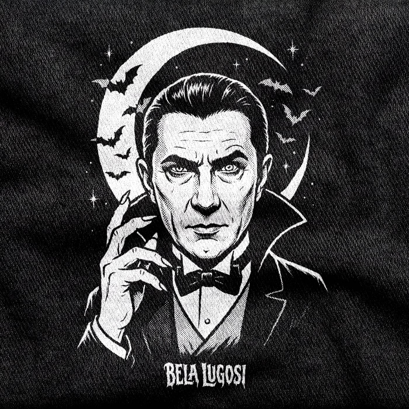 Bela Lugosi as the count in a high-collared cape beneath a crescent moon, bats scattering across the stars behind him, white on a black tee.