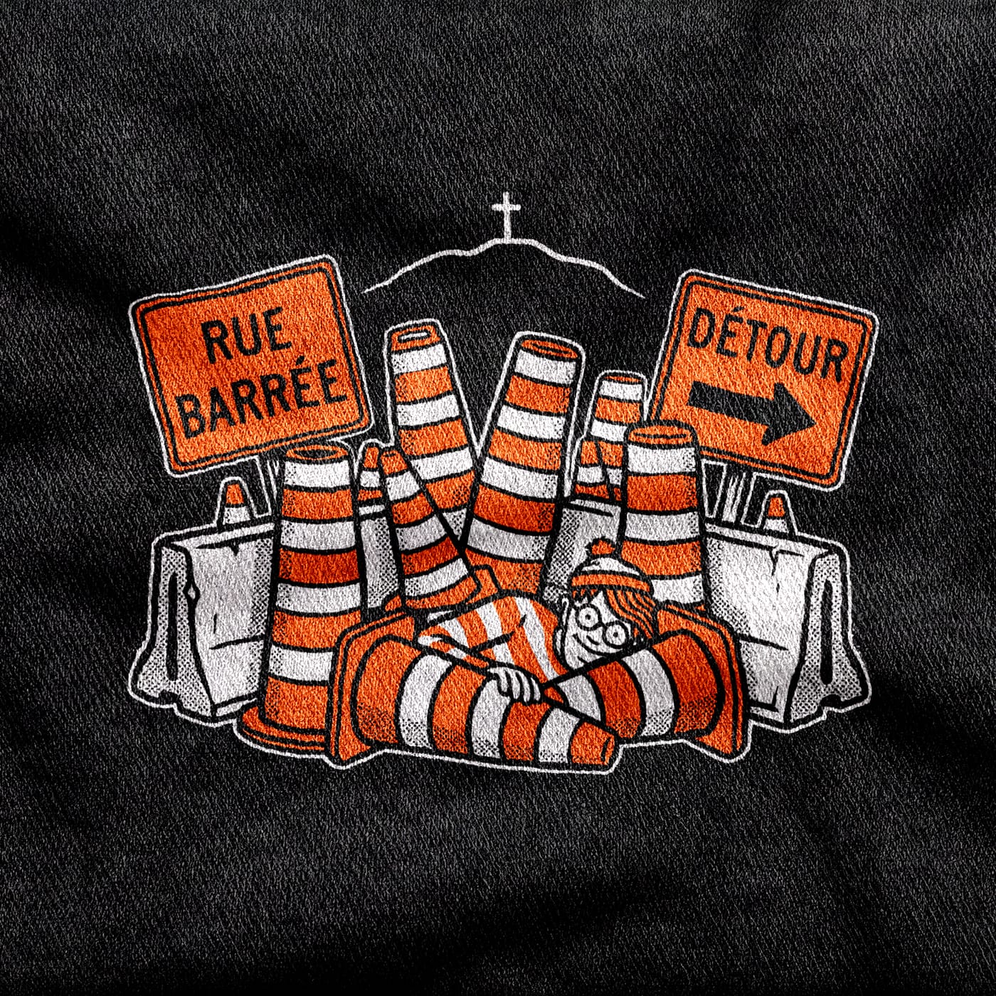 Orange cones and barriers under "Rue barrée" and "Détour" signs, Waldo's striped hat hidden among them and the Mount Royal cross on the skyline, white and orange on a black tee.