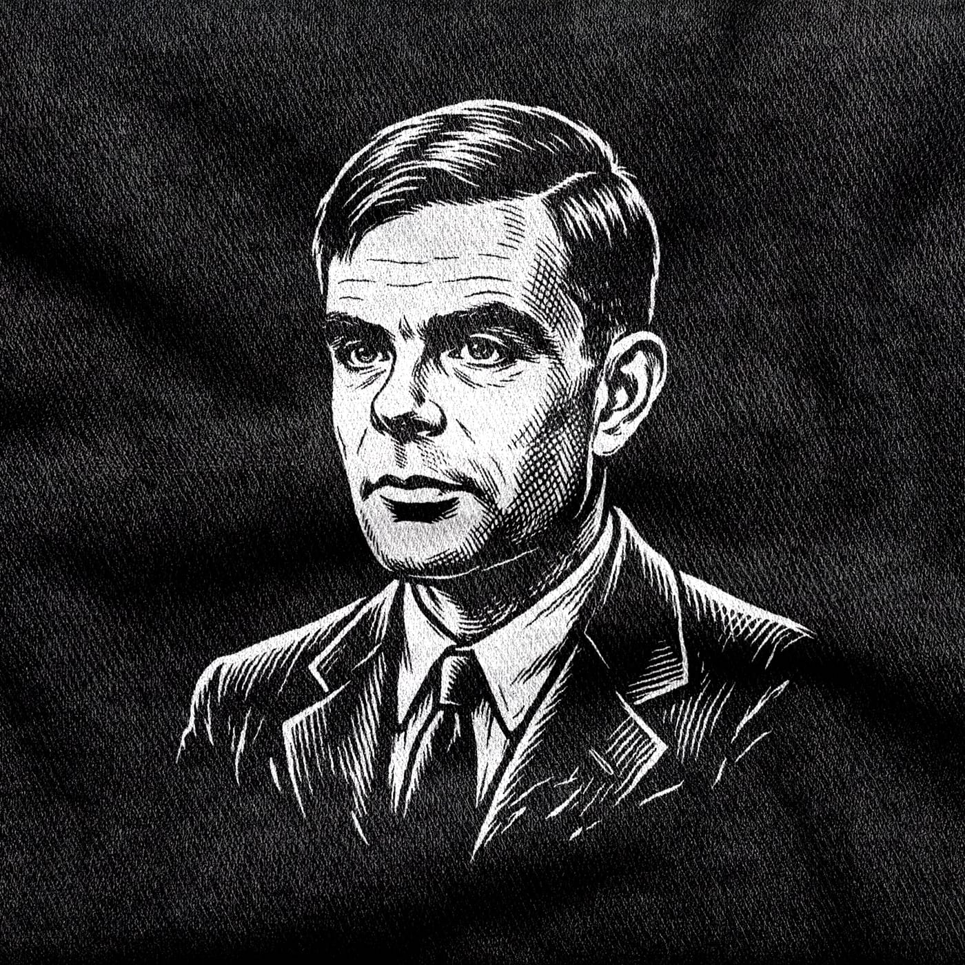 A portrait of Alan Turing in suit and tie, cut in fine engraved linework like a face on currency, white on a black tee.
