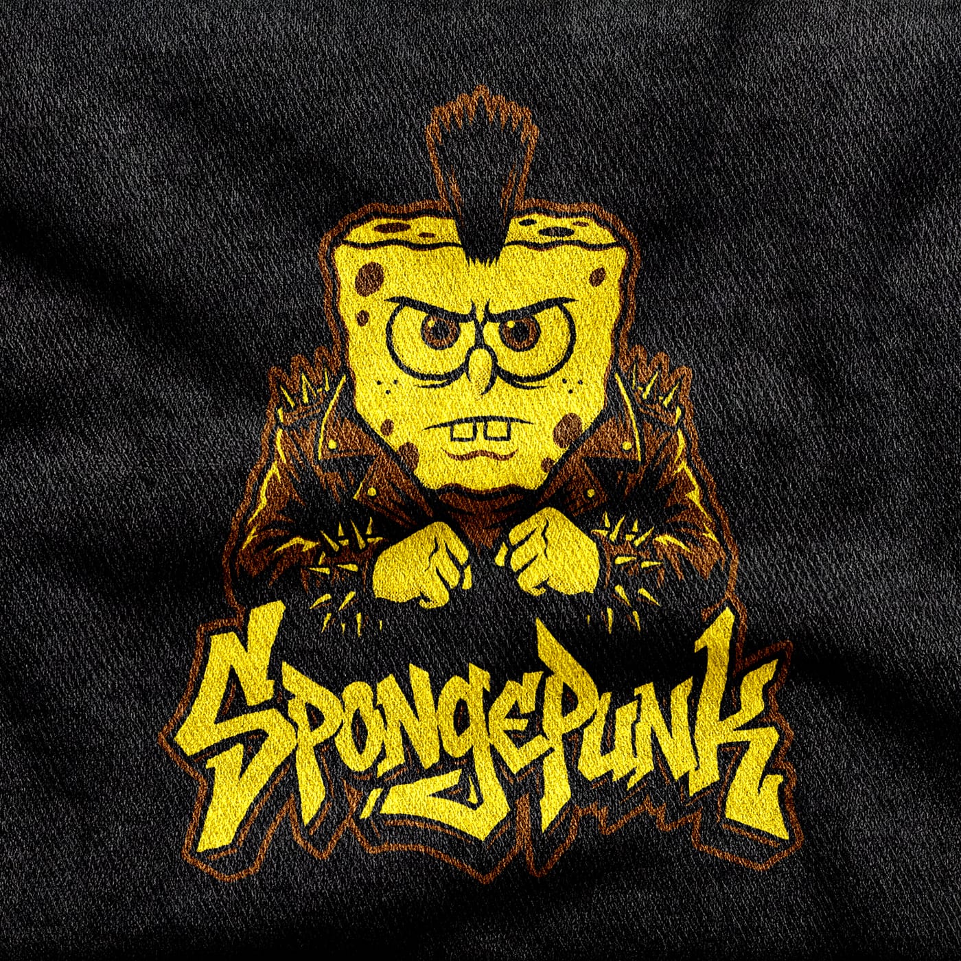 SpongeBob as a punk, scowling under a black mohawk with fists up and a studded jacket, in acid yellow with a graffiti-style wordmark on a black tee.