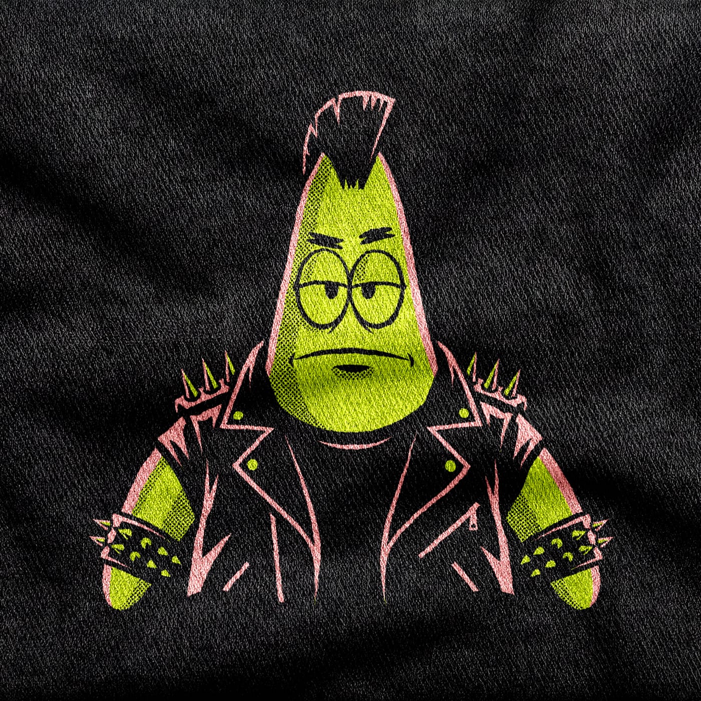 Patrick Star as a punk in a spiked jacket and studded cuffs, mohawk up and eyes half closed, in green and pink on a black tee.