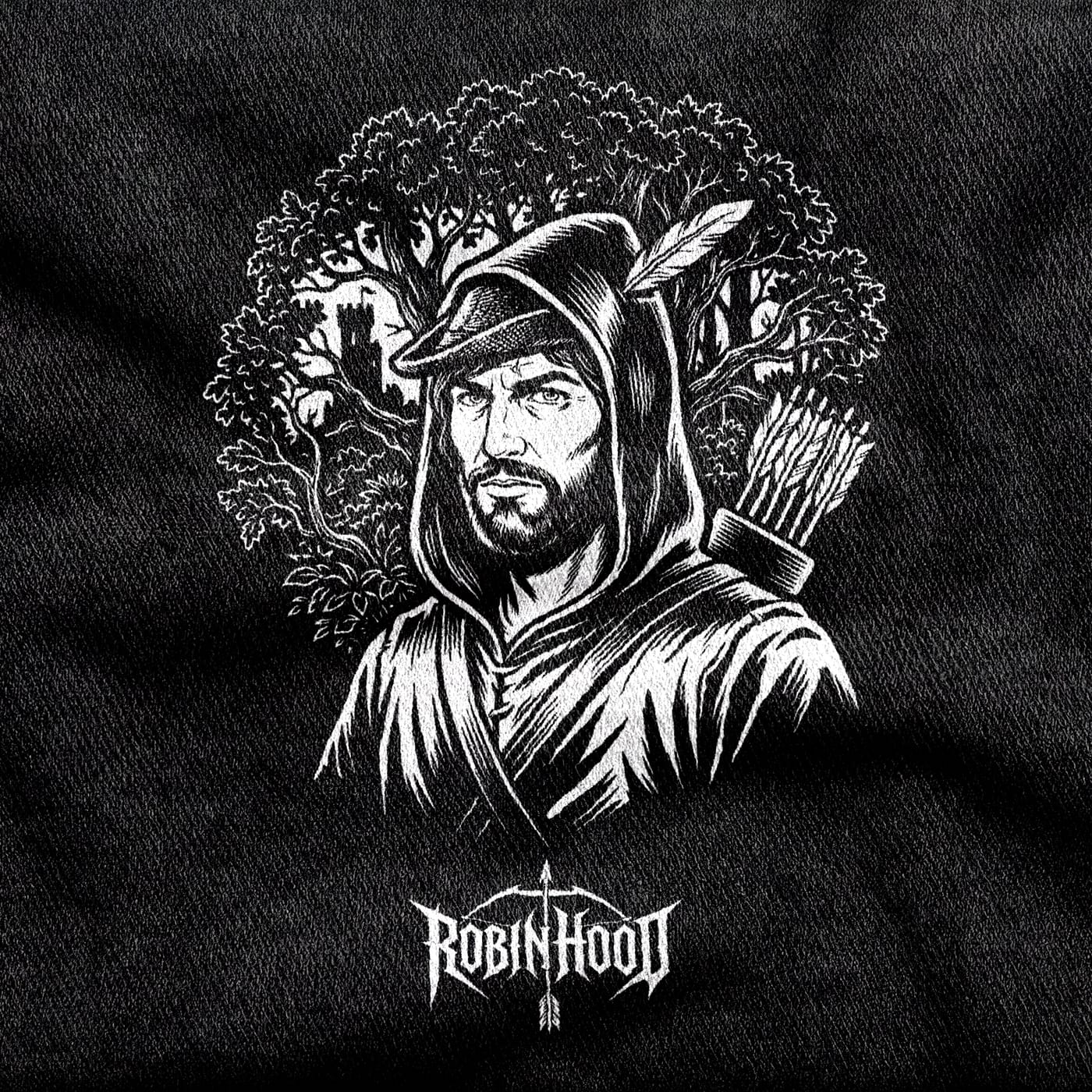 Robin Hood with a feather in his cap and a quiver at his shoulder, framed by the oaks of Sherwood with a castle among the branches, white on a black tee.