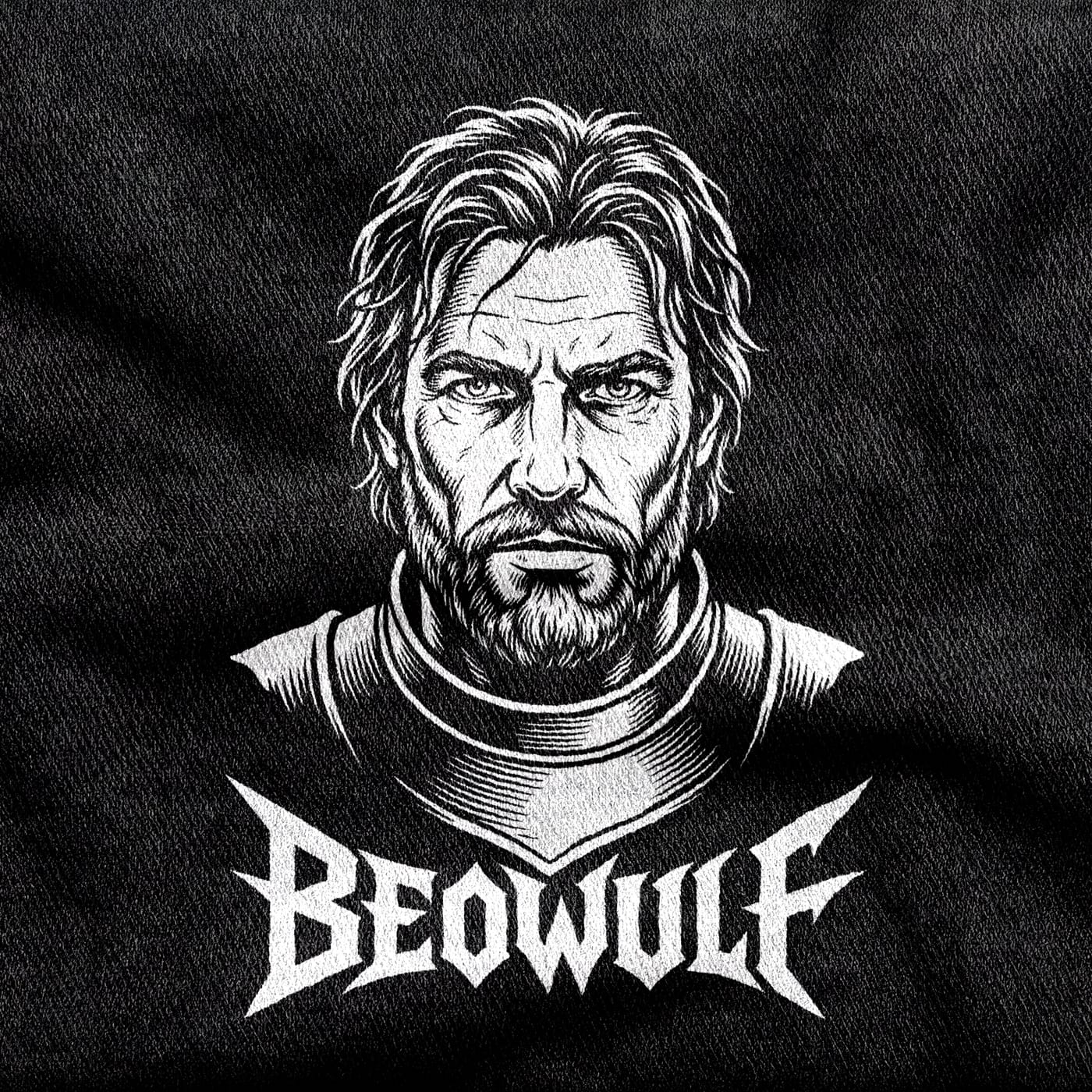 The ageing warrior Beowulf in mail, scarred and grey and staring straight ahead, under a metal-style wordmark, white on a black tee.
