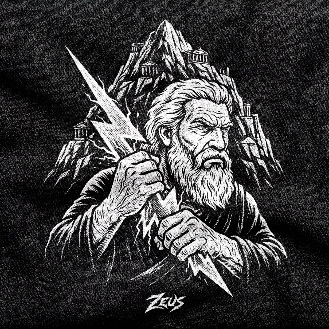 The bearded god Zeus gripping a lightning bolt in both fists, Mount Olympus and its temples rising behind him, white on a black tee.