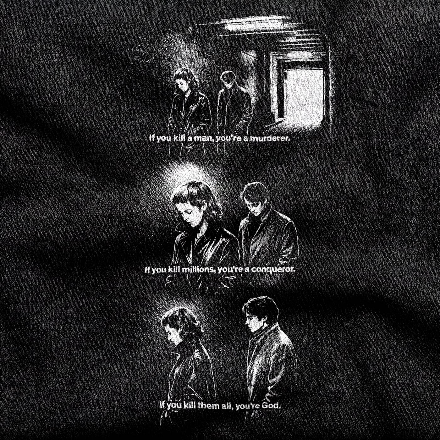 Three charcoal-soft stills from Masculin Féminin stacked down the chest, each carrying one line of dialogue, white on a black tee.