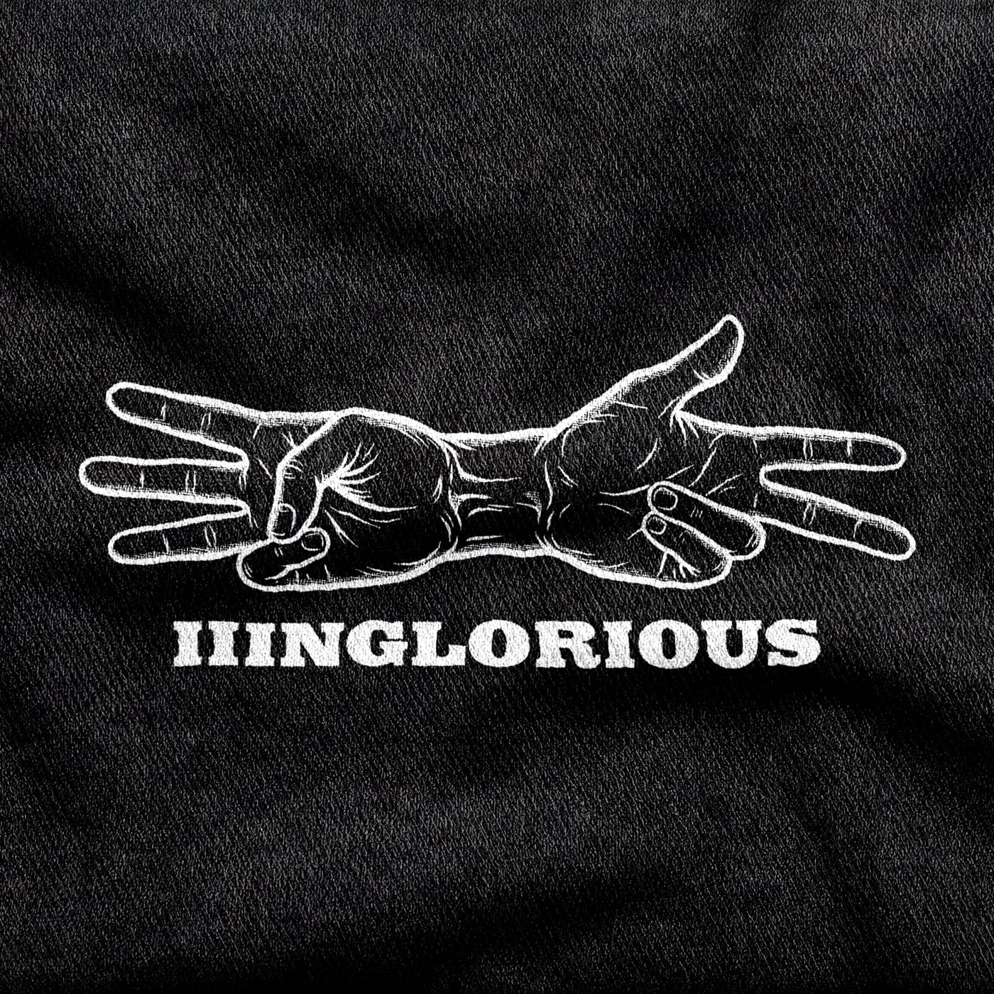 Two crossed hands showing the two ways of counting to three, over the Inglorious Basterds wordmark, white on a black tee.