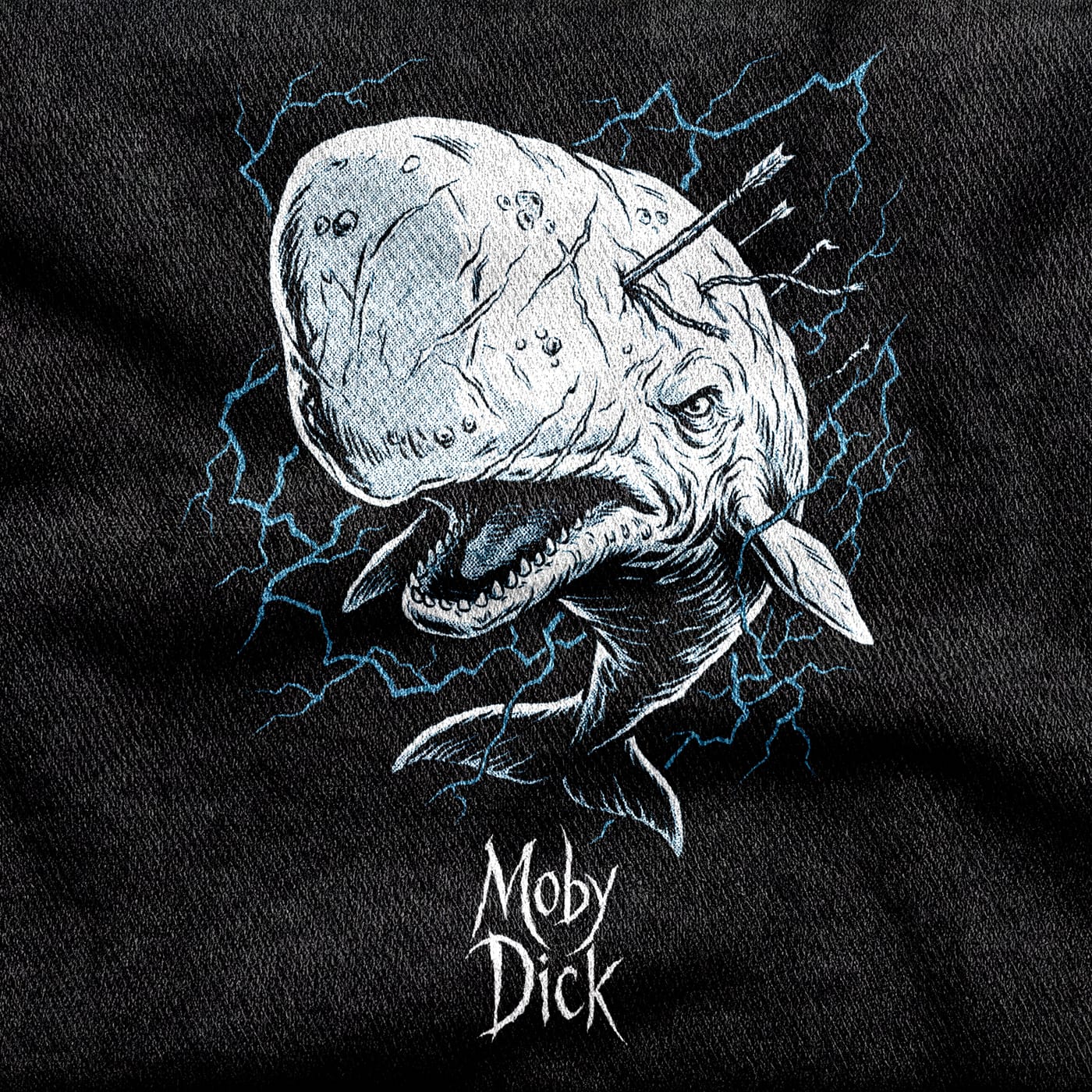 The white whale Moby Dick breaching with old harpoons buried in its head and lines trailing, against blue lightning on a black tee.