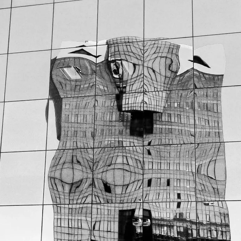 Black and white abstract reflection of a building distorted across mirrored glass panels of a skyscraper facade