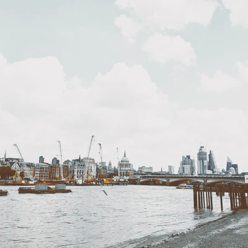 Wide view of the London skyline from the South Bank with St. Paul's Cathedral, cranes, and the City's towers under a pale cloudy sky