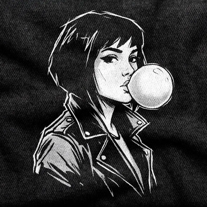 A figure in a leather jacket with a dead-level stare blowing a bubblegum bubble, white on a black tee.