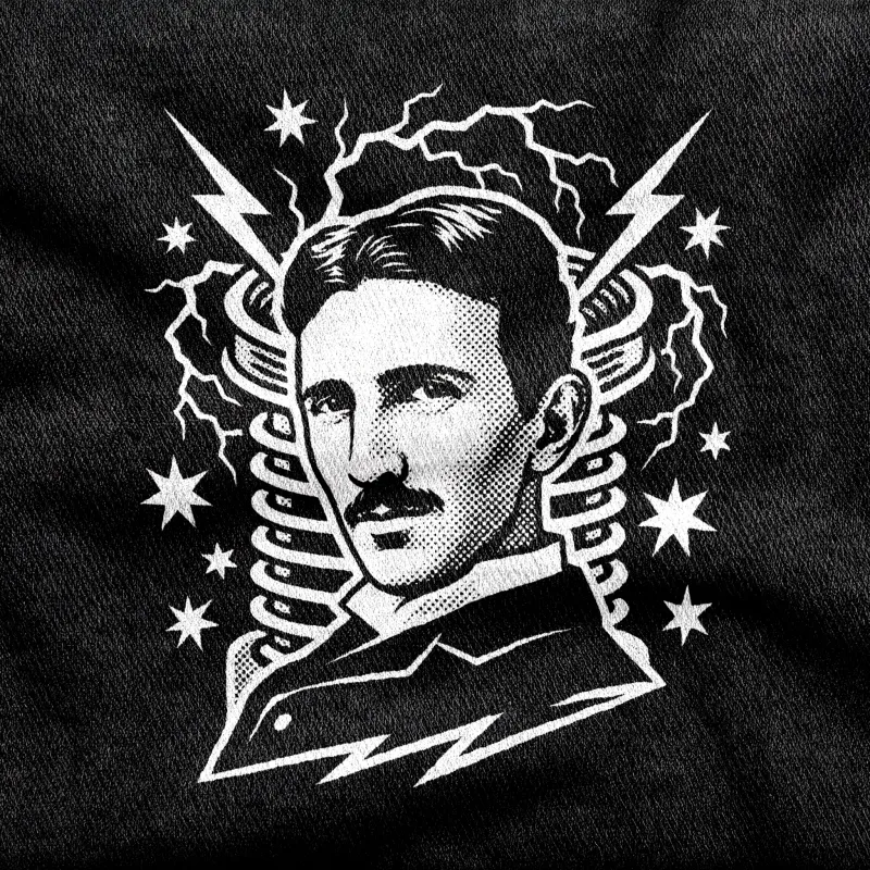 A halftone portrait of Nikola Tesla flanked by Tesla coils and forking lightning with scattered stars, white on a black tee.