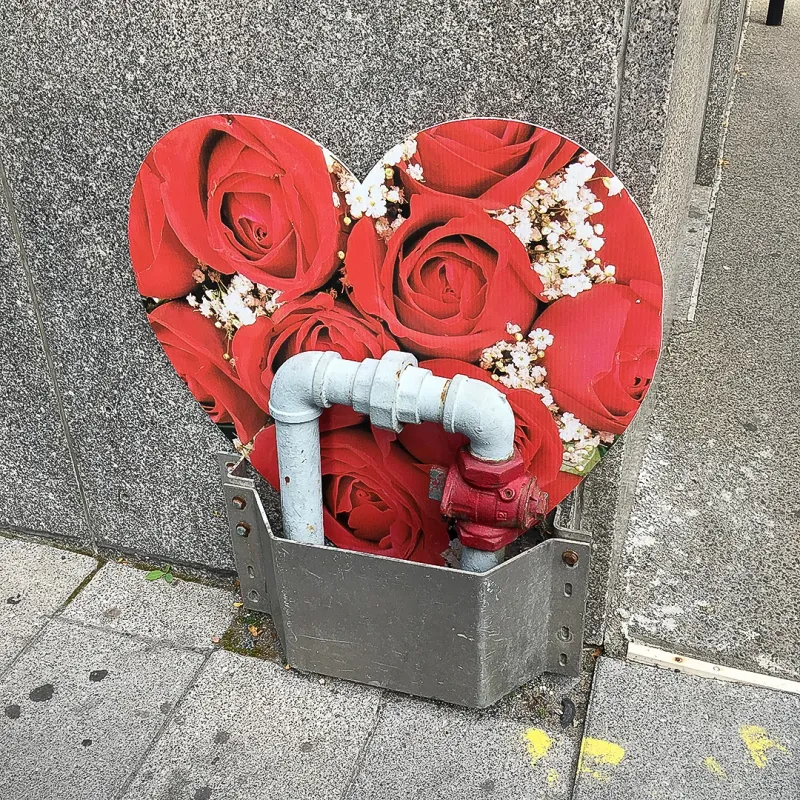 Street art of a large red rose heart painted on a wall above a city utility box with exposed pipes