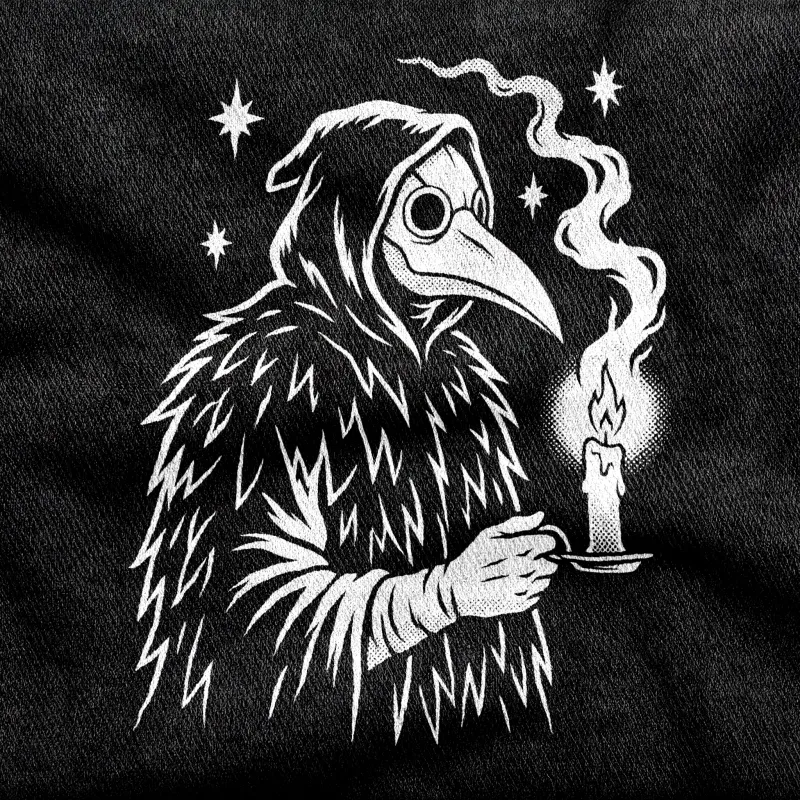 A plague doctor in a beaked mask holding a single candle, white on a black tee.
