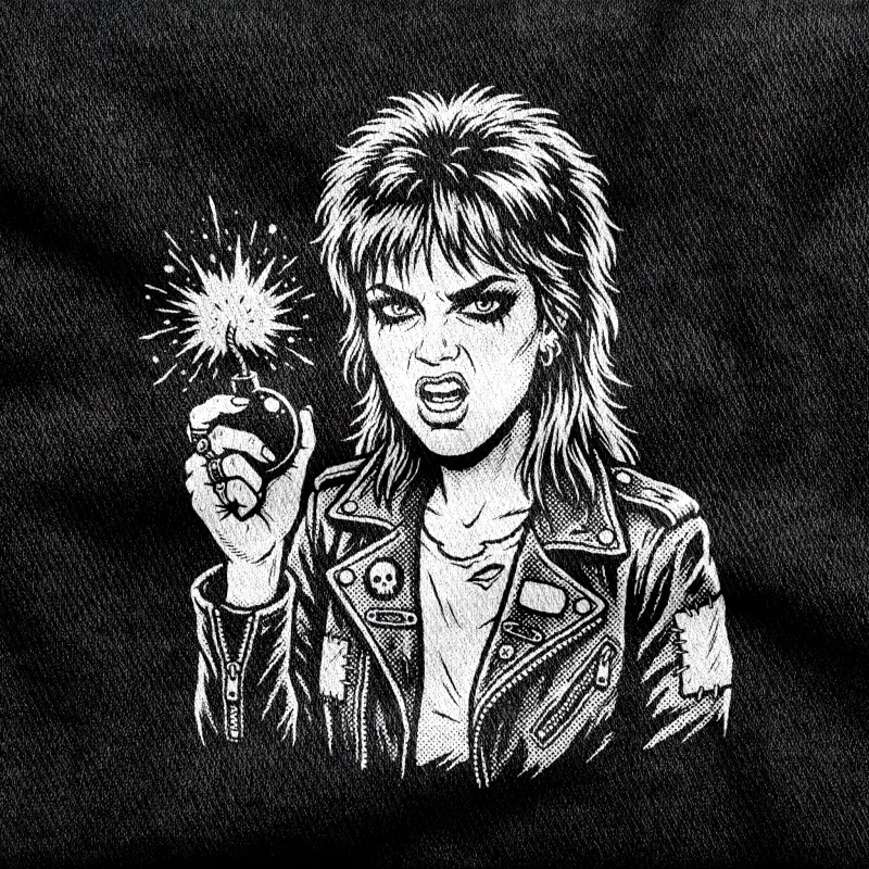 A snarling 1970s punk girl in a leather jacket holding a lit cherry bomb, white on a black tee.