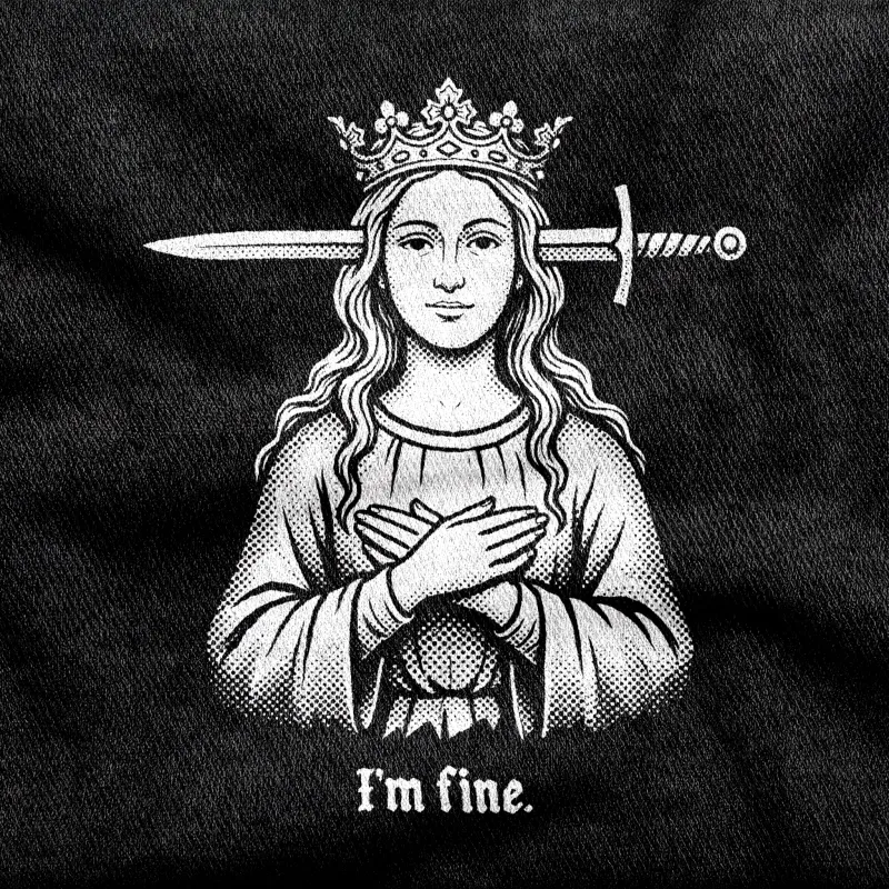 A serene crowned medieval woman with a longsword run clean through her head, hands folded, white on a black tee.