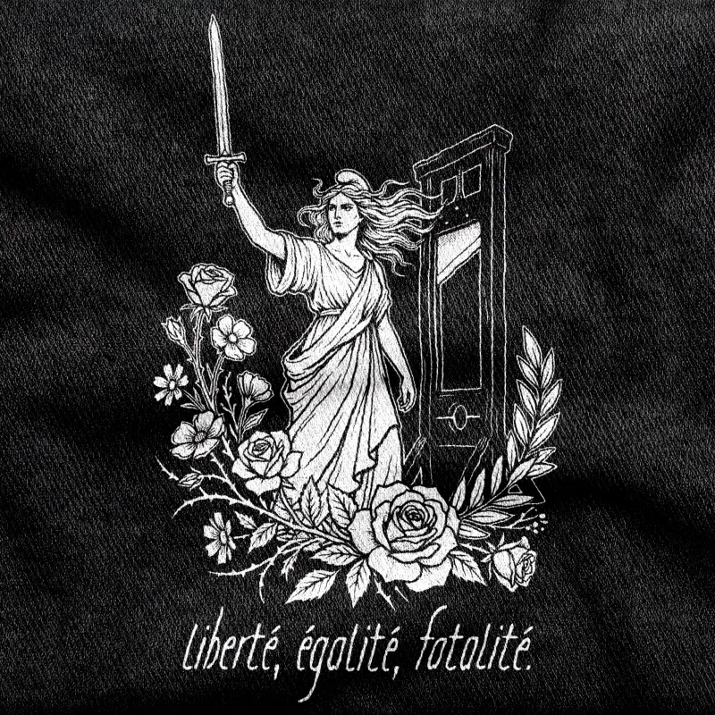 Marianne with a raised sword beside a waiting guillotine, roses below, "Liberté Égalité Fatalité", white on a black tee.
