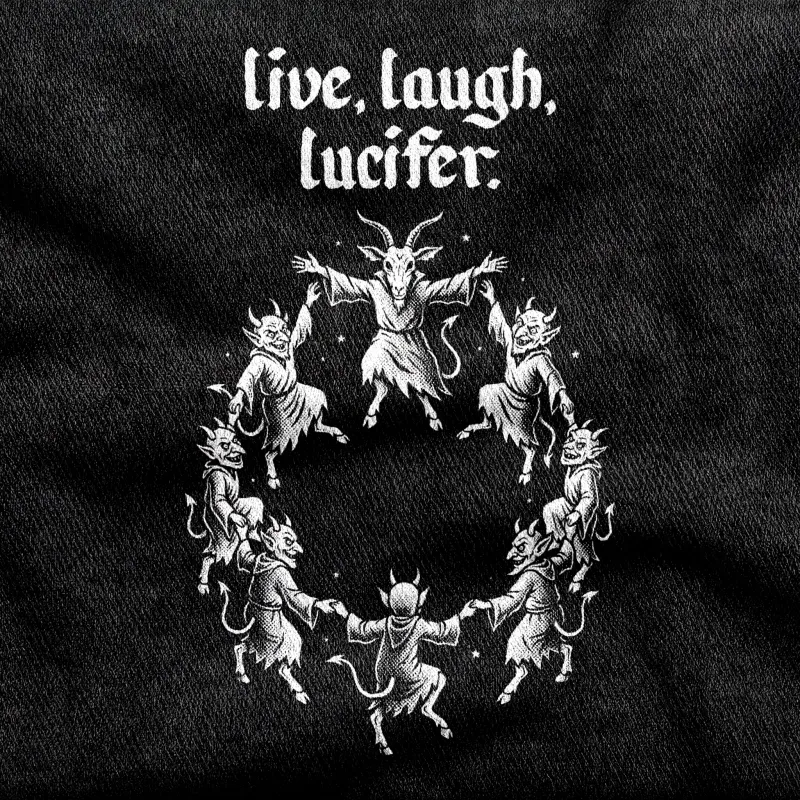 A ring of small horned imps dancing hand in hand around a taller horned Lucifer, white on a black tee.