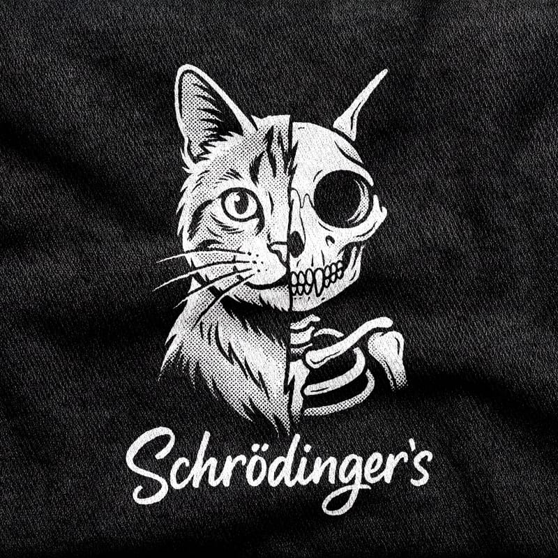 Schrödinger's cat split down the middle, living fur on one side and bare skeleton on the other, white on a black tee.