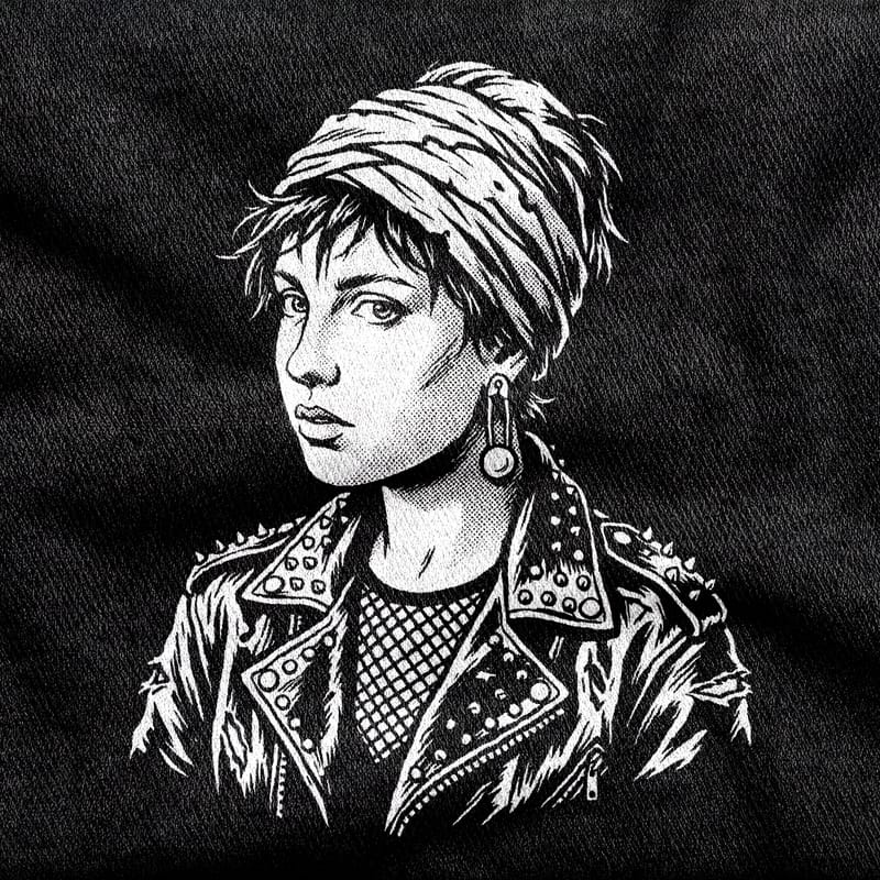 Vermeer's Girl with a Pearl Earring reworked in punk, the turban and pearl kept, a spiked leather jacket and fishnet added, glancing over her shoulder, white on a black tee.