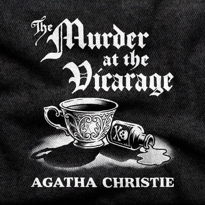 A china teacup on its saucer with a skull-labelled poison bottle tipped over beside it, under a blackletter title, white on a black tee.