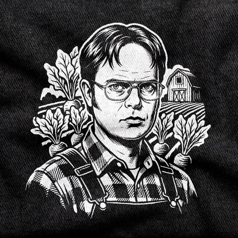 Dwight Schrute in glasses, shirt and suspenders, staring dead ahead with beet rows, a barn and ploughed fields behind him, white on a black tee.