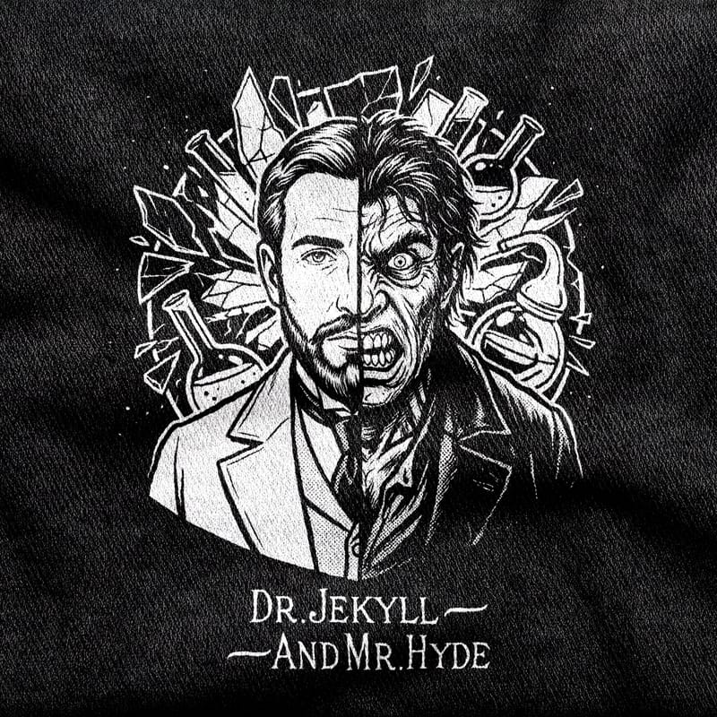 One face split down the middle, Dr. Jekyll in a lab coat on one side and Mr. Hyde snarling on the other, ringed by laboratory glassware and flying shards, white on a black tee.
