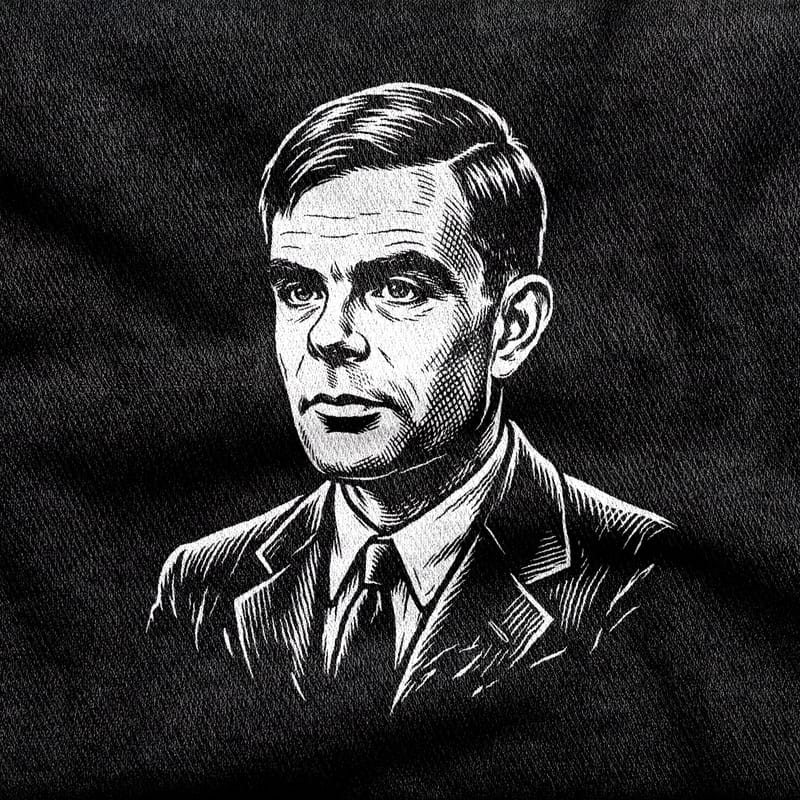 A portrait of Alan Turing in suit and tie, cut in fine engraved linework like a face on currency, white on a black tee.