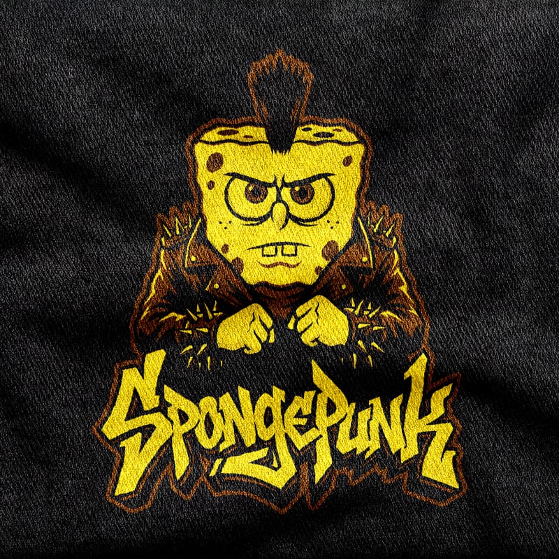 SpongeBob as a punk, scowling under a black mohawk with fists up and a studded jacket, in acid yellow with a graffiti-style wordmark on a black tee.