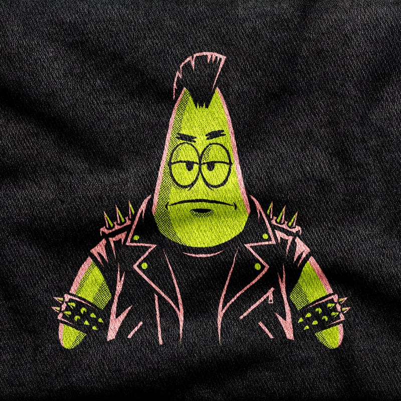 Patrick Star as a punk in a spiked jacket and studded cuffs, mohawk up and eyes half closed, in green and pink on a black tee.