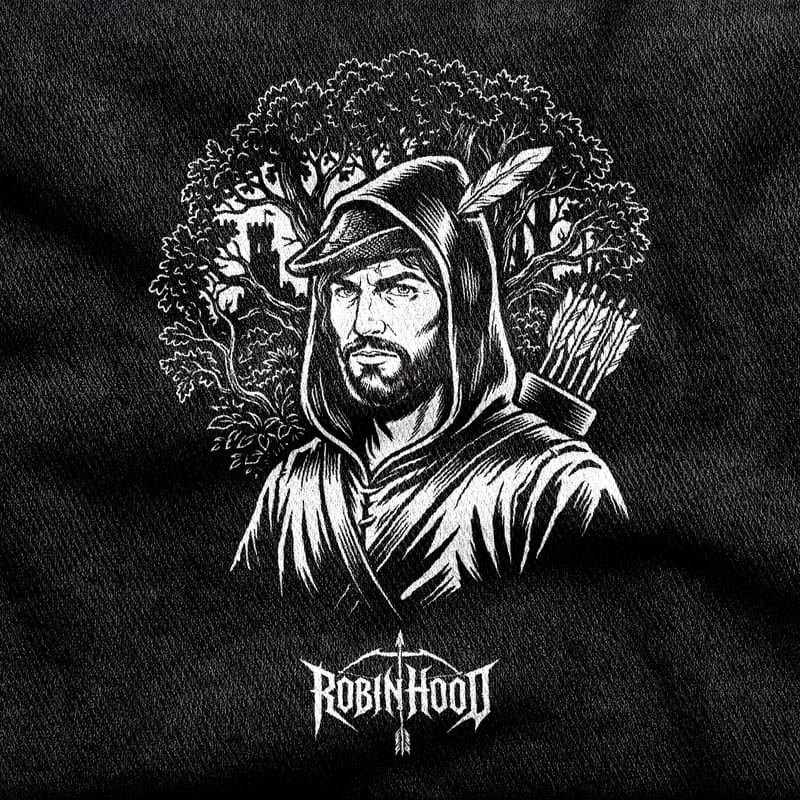 Robin Hood with a feather in his cap and a quiver at his shoulder, framed by the oaks of Sherwood with a castle among the branches, white on a black tee.