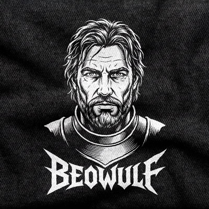 The ageing warrior Beowulf in mail, scarred and grey and staring straight ahead, under a metal-style wordmark, white on a black tee.