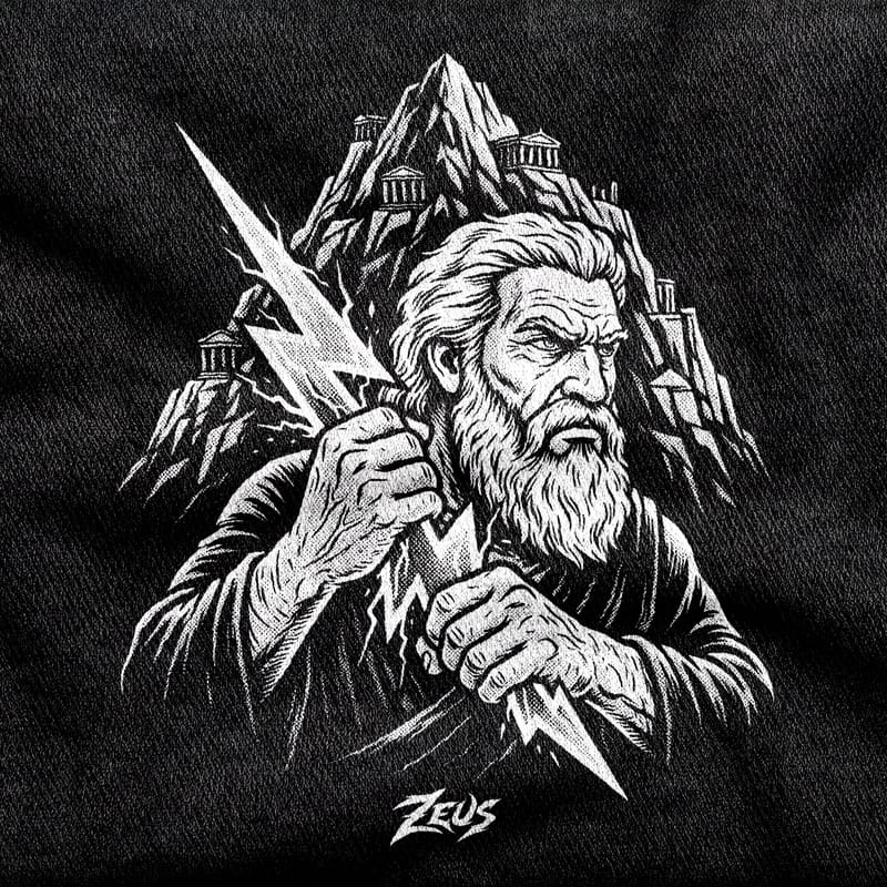 The bearded god Zeus gripping a lightning bolt in both fists, Mount Olympus and its temples rising behind him, white on a black tee.