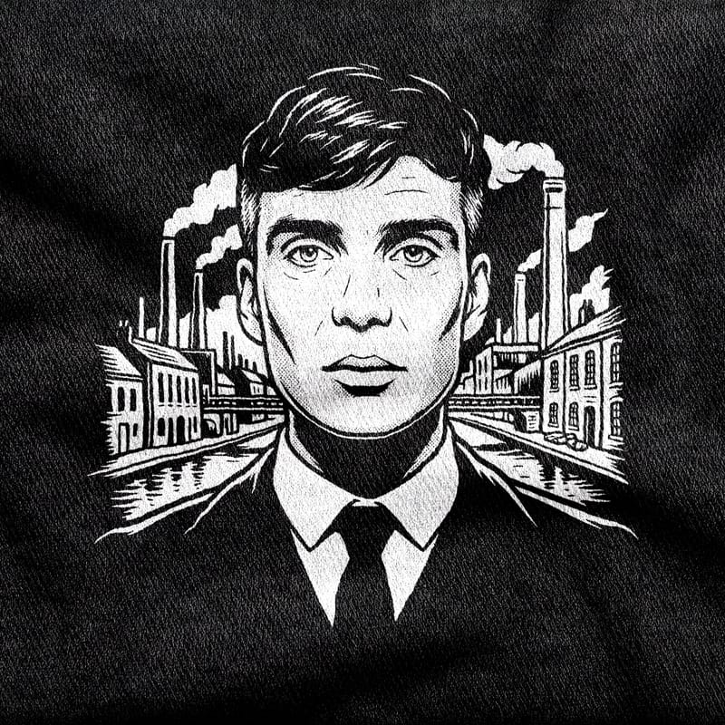 Tommy Shelby with a bare, unreadable face and sharp collar and tie, Birmingham's chimneys, canal and brick terraces smoking behind him, white on a black tee.
