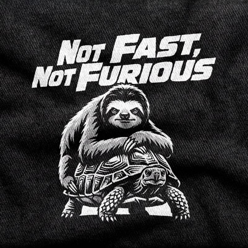 A sloth riding on the back of a tortoise, both content, under the title "Not Fast, Not Furious" in racing italics, white on a black tee.