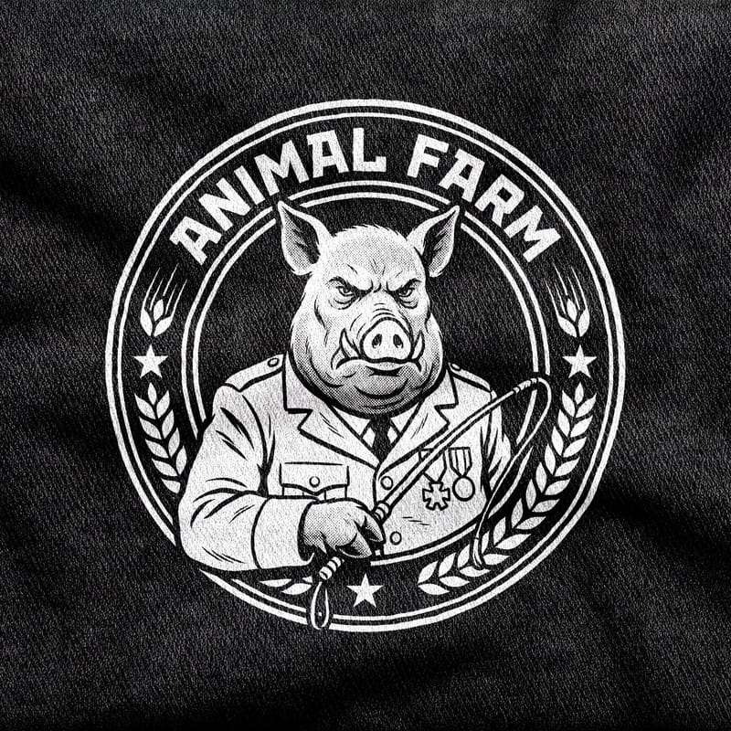 Napoleon the pig in a military tunic with medals and a whip, inside a round emblem of wheat and stars lettered "Animal Farm", white on a black tee.
